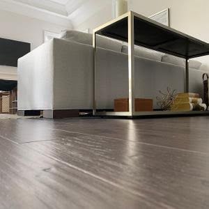 Waterproof luxury vinyl plank flooring installed in a modern Brampton kitchen