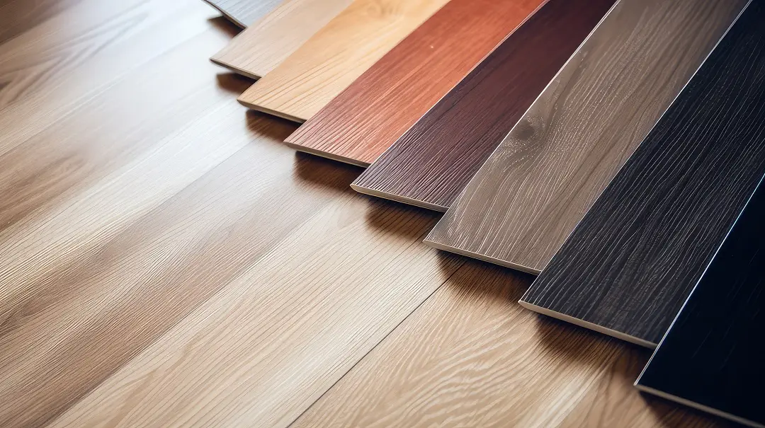 Diverse vinyl flooring and laminate flooring color samples on display